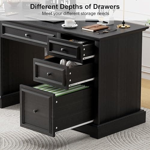 Vipbear 60" Executive Desk, Farmhouse Computer Desk with Drawers and File Cabinet, Embossed Texture Home Office Desks, Workspace for Work Study Writing, Black thumbnail 6