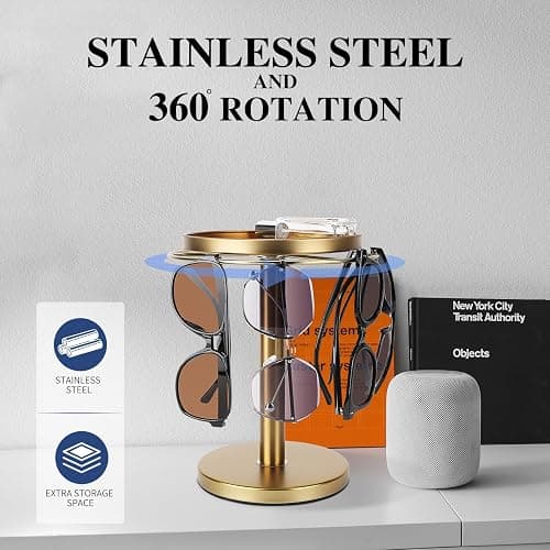 kondyfayo 360° Rotating Sunglass Organizer Storage, Stainless Steel Glasses Holder Stand, Glasses Organizer with Tray for Desk, Dresser, Tabletop, Nightstand and Home Decor (Gold) thumbnail 5