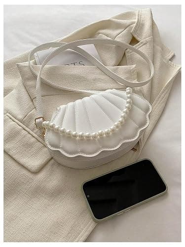 MakeMeChic Women's Seashell Shape Pearl Croccbody Handbag Leather Flap Adjustable Strap Shoulder Bag thumbnail 3