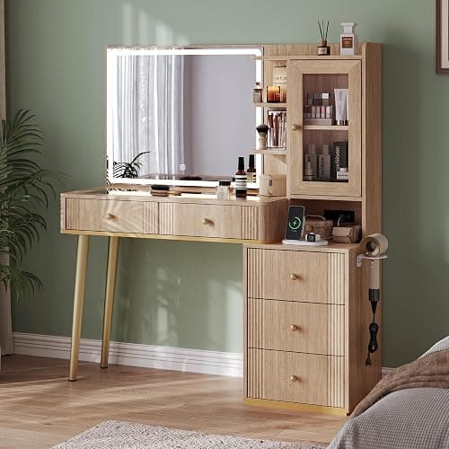 LINSY Wood Vanity with Glass Top, Makeup Vanity with Storage Drawers, Boho Fluted Vanity Desk with Mirror and Lights, Large Dressing Table with Cabinet and Outlet for Bedroom, Women, Girls thumbnail 8