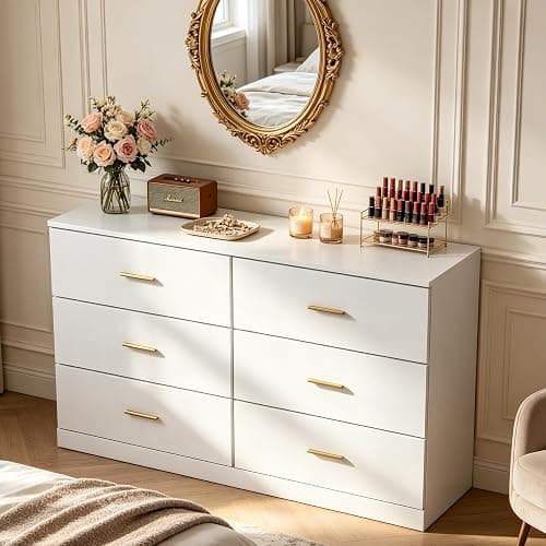 47" Modern White Dresser for Bedroom, 6 Drawer Dresser with Gold Handles | Gabeteros Para Dormitorios Wooden Dresser for Nursery,Kid,Girls Bedroom thumbnail 7