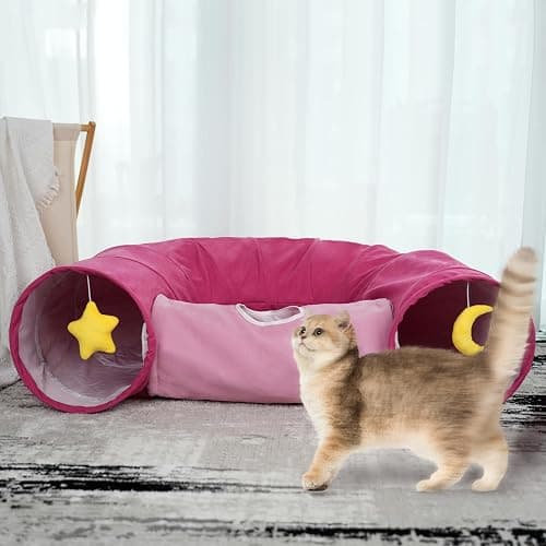 PAOPO Cat Tunnel, Large Indoor Durable Collapsible Interactive Cat Tube with Peek-A-Boo Hole, Hanging Toys, and Crinkly Paper Lining - Cute Tunnel for Cats, Kittens, Puppies & Rabbits, Pink thumbnail 7
