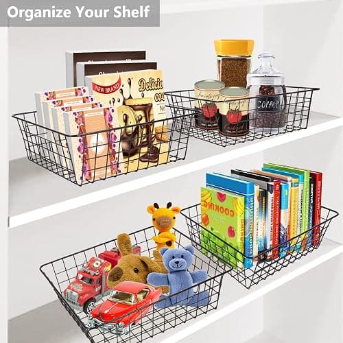 Wire Baskets for Organizing Household 4 Pack Pantry Baskets For Storage Pantry Wire Black Metal Storage Bins thumbnail 5
