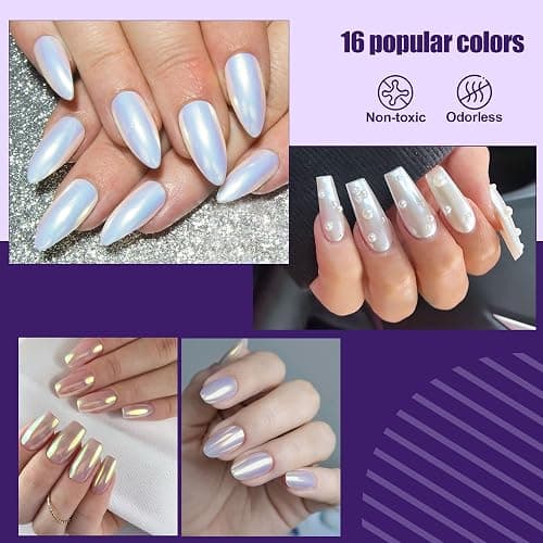 Artdone 16Jars Chrome Nail Powder Magic White Pearl Kit Colored Mirror Effect Silver Gold Metallic Stuff Holographic Dip Nail Pigment Powder For Resin Craft & Nail Art Accessories Decoration Supplies thumbnail 5