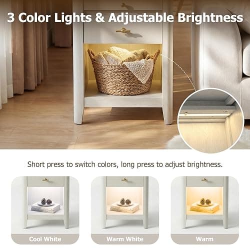 nesture. Nightstand with Charging Station and LED Light, Wood Curved Night Stand with 2 Drawer and Open Shelf,Mid Century Modern Bedside Table with Side Storage for Bedroom,End Table Living Room Wihte thumbnail 6