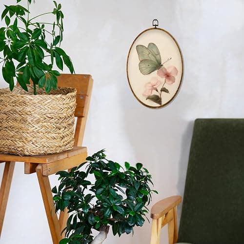 Hiuwevt Green Butterfly Oval Wall Art Decor, Vintage Pink Floral Butterfly Moth Framed Canvas Prints, Retro Cottagrcore Floral Round Wall Hanging Decor for Bedroom Home Decorations, 8.6x11.4 Inches thumbnail 3