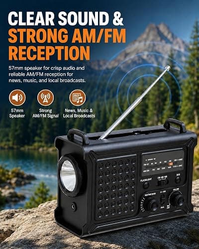 Emergency Radio, 12000mAh Solar Hand Crank NOAA Weather Radio, Black | Hand Crank Radio, 8500mm² Solar Panel, AM/FM/WB, 5W Flashlight, Reading Light, SOS for Outages, Camping & Survival thumbnail 6