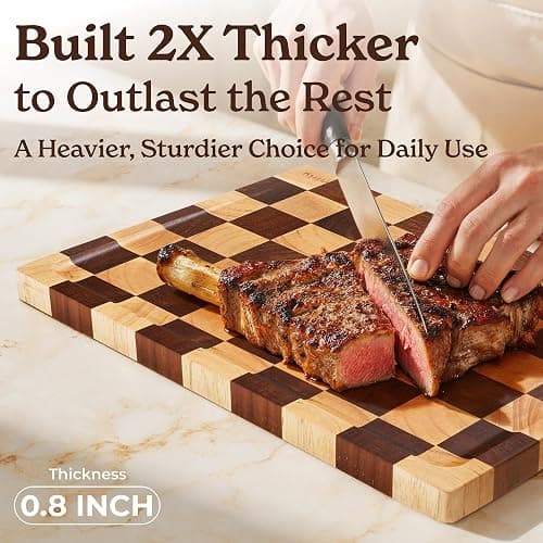 SMIRLY Wood Cutting Boards for Kitchen Wooden Chopping Board Set Reversible with Deep Juice Grooves Grip Handles, Large Charcuterie Tray for Home Kitchen, Rubber Wood, 3Pcs with Holder thumbnail 2