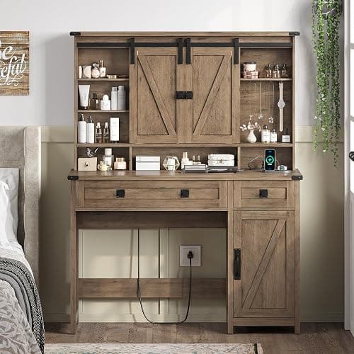 AOGLLATI Makeup Vanity with Lights & Barn Doors, Vanity Desk with Mirror and Lights & Charging Station, Farmhouse Brown Vanity Table with Jewelry Hooks and Open Storage Shelves thumbnail 7