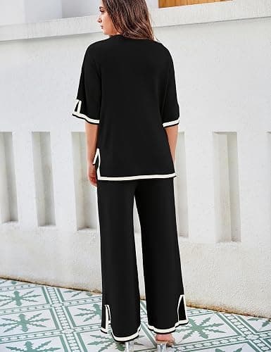 Tanming Sweater Sets Women 2 Piece Lounge Sets Short Sleeve Knit Pullover Tops Wide Leg Pants thumbnail 5