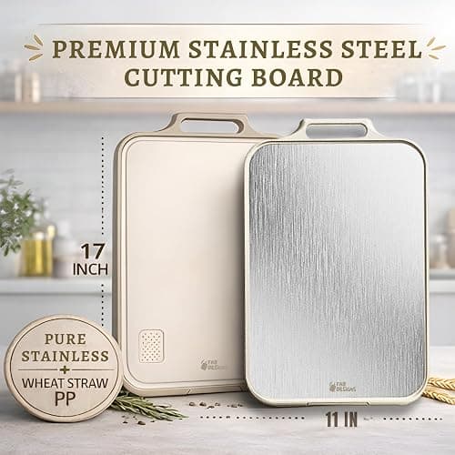 Stainless Steel Cutting Board, Double Sided Steel Cutting Boards for kitchen, Non Toxic Stainless Steel/Wheat straw pp Large size for meat,17 * 11 Inch,Dishwasher Safe,luxury style Aesthetic chopping thumbnail 3