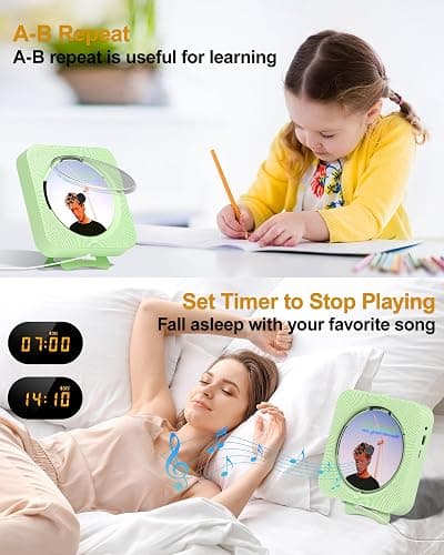 CD Player Portable Bluetooth Desktop CD Player for Home, Mini Cute CD Players for Kids, Built-in Dual Speakers and LED Display with Remote Control, Supports CD/FM Radio/USB/AUX/Timer/Repeat (Green) thumbnail 5