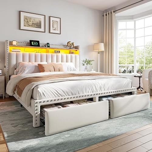 EnHomee Full Size Bed Frame with 2 Drawers, LED & Charging Station, Beige | 2-Tier Storage Headboard, heavy duty 1000lbs wooden slats for bedroom & apartment, noise-Free, Easy Assembly - Image 1