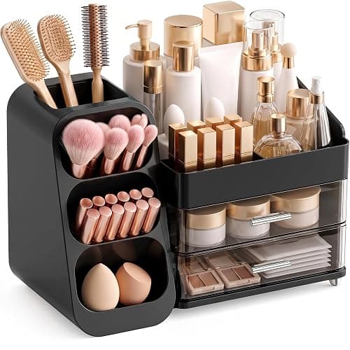 Booklov Makeup Organizer for Vanity, Large Capacity Cosmetic Display Case with Drawers, Countertop Beauty Storage Holder for Skincare, Brush Eyeliner Perfume Eyeshadow Lipsticks, Counter Desk, Black - Image 1