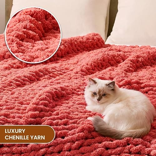 L'AGRATY Chunky Knit Blanket Throw: 50''x60'' Chenille Chunky Knitted Throw Blankets for Bed Couch - Handmade Thick Cable Knit Blanket - Large Crochet Rope Blankets for Home Decor(Coral Pink) thumbnail 3