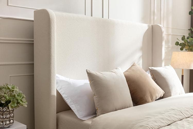 NTYUNRR California King Size Upholstered Bed Frame, 54" Tall Headboard Wingback Platform Bed Frames, Elegant Simplicity/Strong Wood Slats Support/No Box Spring Needed/No Noise, Beige Boucle thumbnail 8