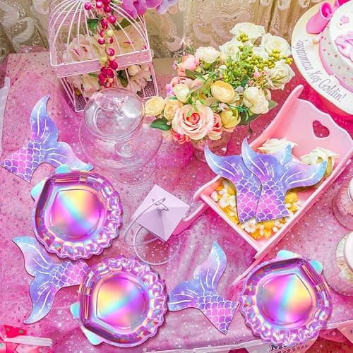 Qeeenar 100 Pcs Mermaid Party Supplies Iridescent Pink Mermaid Plates and Napkins Paper Seashell Plates Tail Napkins Party Decorations for Birthday Baby Shower thumbnail 4