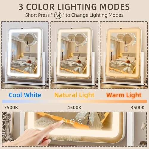 FENNIO Rounded Corner Lighted Vanity Mirror, 17" x 13" Makeup Mirror with Lights, 10X Magnifying Mirror, 3 Color Dimmable LED, Touch Control, Aluminum Stand, White thumbnail 3