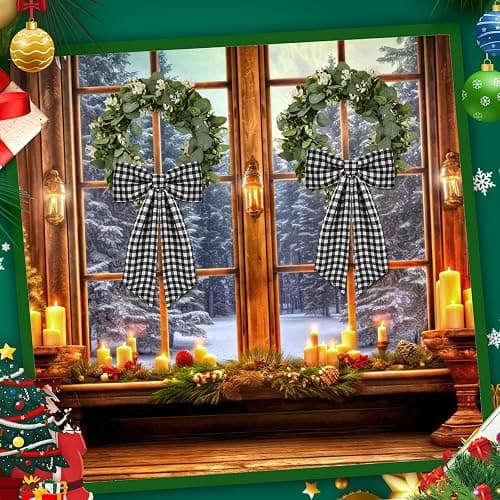 2 Pack Wreath Sash for Front Door Boxwood Wreath Sash Garland Front Door Porch Decor(White and Black Plaid) thumbnail 5