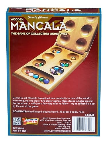 Pressman Mancala Board Game | Fun Classic Table for Adults & Kids | Includes 48 Glass Mancala Stones and Wood Hinged Playing Board | 2 Players, Ages 6+ thumbnail 4