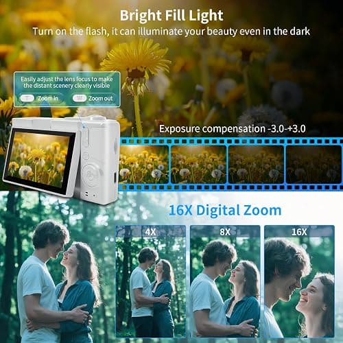 16X Zoom 4K Digital Camera for Photography and Video, Point and Shoot Digital Cameras with Flip Screen, Small Digital Camera with Wifi and Bluetooth, Vlogging Camera for Youtube Video Recording(White) thumbnail 3