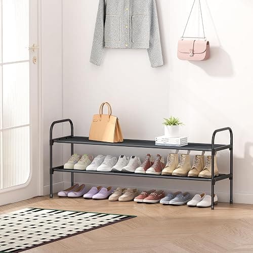 HITHIM 2 Tier Long Shoe Rack for Closet, Screw Fastened Plastic Connector Shoe Storage Organizer, Non-Woven Fabric Metal Shoe Shelf, Holds 18-21 Pairs for Front Door Entrance, 48.5"x12.1"x17.8" - 2 tier thumbnail 2