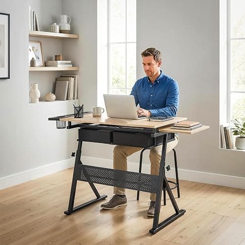 HOMCOM Adjustable Drafting Table, Art Desk Drawing Table Workstation with Stool and Storage Drawers for Painting, Multifunctional Writing Desk, Oak thumbnail 9