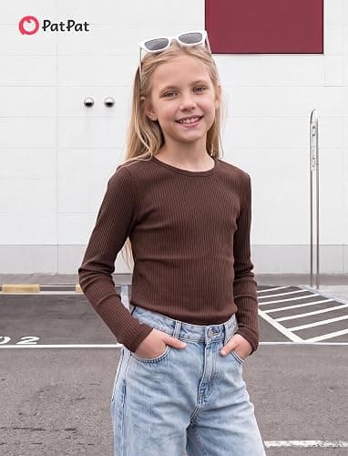 PATPAT Girls Long Sleeve Shirt Ribbed Slim Fit Basic Dressy Tops Tees 5-16Y | Soft Cotton, Classic Crew Neck, Solid Color, knitted Stretchy Fabric, Year-Round Style, Breathable, Casual/School/Vacation thumbnail 3