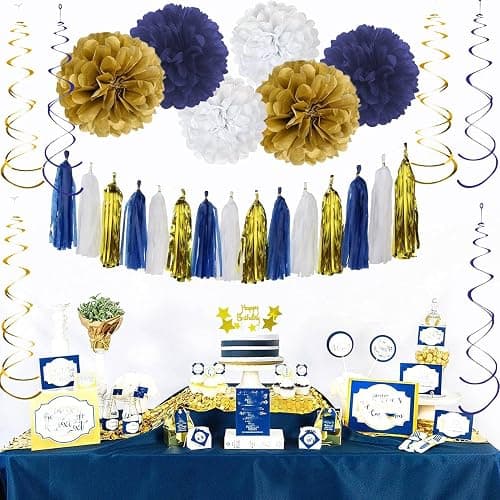 YGYXMY Birthday Decorations for Men, Navy Blue and Gold Party Decorations Set - Happy Birthday Banner, Balloons, Tissue Pompoms, Swirls, Tassels Garland thumbnail 4