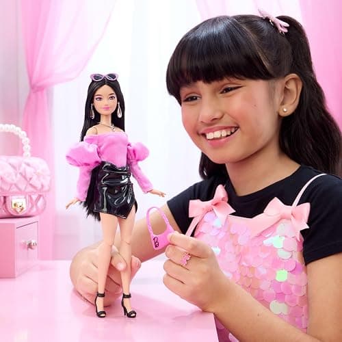 Barbie Deluxe Style Doll #13 in Pink Barbiecore Velveteen Top with Puffed Sleeves, Black Vinyl Mini Skirt, Black Hair, Pink Purse and Sunglasses​​ thumbnail 2