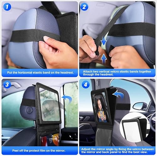 Brislut Baby Car Mirror with Adjustable Tablet Holder, Road Trip Essentials for Kids, Backseat Mirror to See Rear Facing Infant, Ipad Case for Car Headrest thumbnail 5