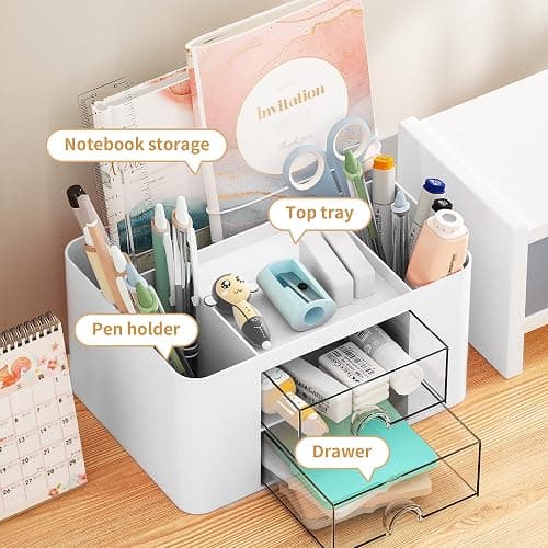 Marbrasse Pen Organizer with 2 Drawer, Multi-Functional Pencil Holder for Desk, Desk Organizers and Accessories with 5 Compartments + Drawer for Office Art Supplies (White) thumbnail 4