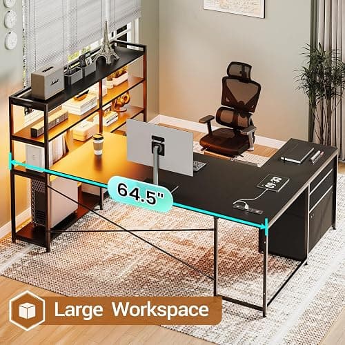 SEDETA L Shaped Gaming Desk, Reversible U Shaped Computer Desk with Power Outlet and Storage Shelves, Corner Gaming Desk with LED Lights, 3 Fabric Drawers, Black thumbnail 5