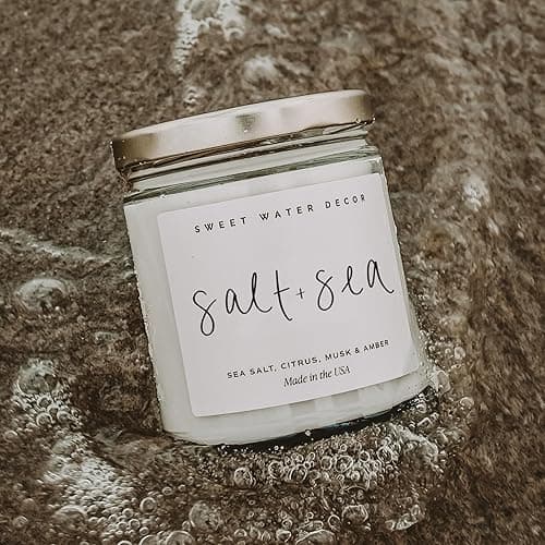 Sweet Water Decor Salt and Sea Candle - Sea Salt, Citrus, Amber, Musk, Beach Scented Soy Candles for Home - Coastal Decor for Beach Lovers - 9oz Clear Jar, 40 Hour Burn Time, Made in The USA - Salt and Sea - Script Label Clear Jar thumbnail 6