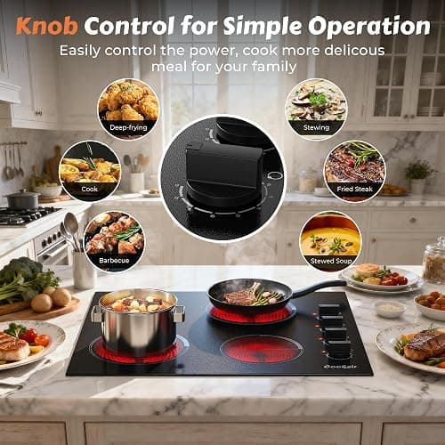 Cooksir Electric Cooktop 24 Inch - 4 Burner Built-in Electric Stove Top 6000W, Radiant Electrical Stovetop with 9 Heating Level, Knob Control, Auto Shut Off Protection, 220-240V Hard Wired (No Plug) thumbnail 6