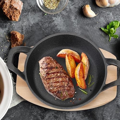 Sliner 4 Sets Mini Cast Iron Skillet Small Cast Iron Plates Skillet with Wooden Base Small Round Pan Fajita Plate Pot for Baking Cooking(6.3 Inches) thumbnail 2