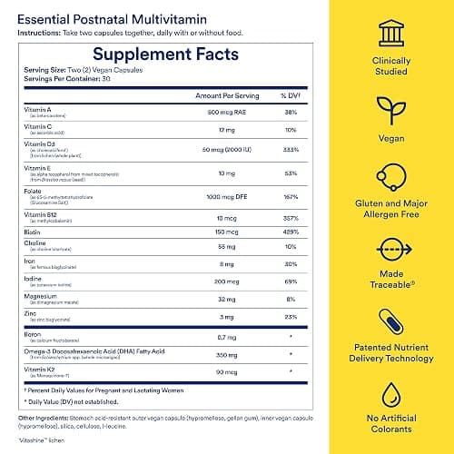 Ritual Women's Postnatal Multivitamin - 60 Capsules - 30 Servings | Key Essential Vitamins and Minerals - Support Mom and Baby Postpartum, Throughout Lactation* - Choline, DHA - Vegan - Mint thumbnail 3