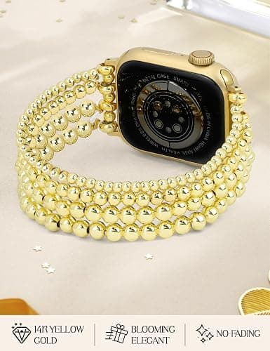 JR.DM Gold Beaded Bracelet Bands Women Compatible with Apple Watch 40mm 42mm(S10/11) 41mm 38mm Dressy Fancy Stretchy Elastic Jewelry Strap Replacement for iWatch Series 11/10/9/8/7/6/5/4/3/2/1/SE thumbnail 3