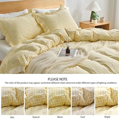 kisswish Gingham Duvet Cover Full Size, 3 Pieces Soft Breathable Microfiber Plaid Comforter Cover with Zipper Closure & 2 Pillow Shams, Ruffle Farmhouse Vintage Decor, Yellow thumbnail 5
