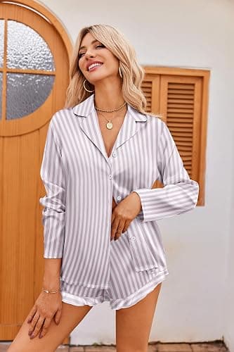 Ekouaer Womens Satin Pajama Sets Long Sleeve Top and Shorts Lounge Set Button Down Sleepwear thumbnail 2