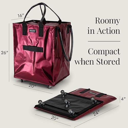 HULKEN - (Large, Cosmic Red Reusable Grocery Bag On Wheels, Shopping Trolley, Rolling Tote, Zipper Closure, Lightweight, Carries Up to 66 lb, Folds Flat, Unbreakable Handles thumbnail 4