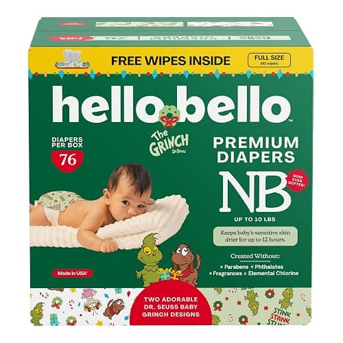 Hello Bello Dr. Seuss Baby Grinch Premium Diapers, Size NB (Up to 10 lbs), 76ct Plus Bonus Wipes: Softness & Protection for Sensitive Skin - Image 1