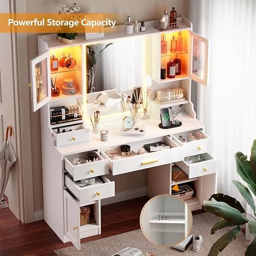 White Makeup Vanity Desk with Mirror and Lights, Large Vanity Table Set with Charging Station, Dressing Table with RGB Cabinets, Makeup Vanity Mirror with Light Desk and Drawers, 3 LED Light Modes thumbnail 6