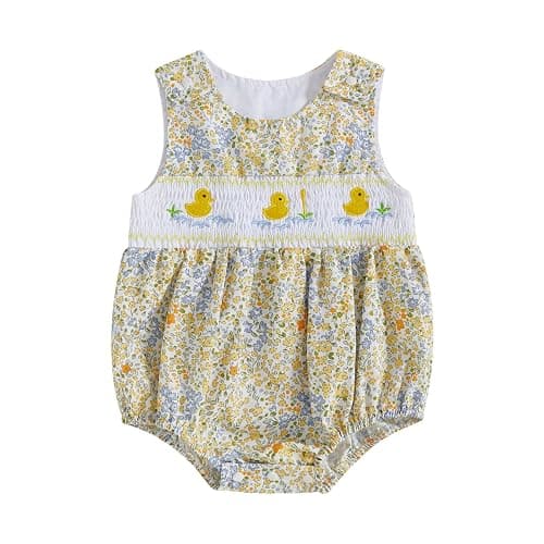Xnqiwq Baby Girl Floral Bubble Romper with Duck Embroidery Sleeveless Smocked Bodysuit Farm Animal Summer Outfit - Image 1