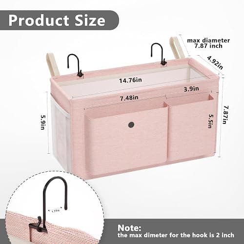 Bedside Caddy Bedside Organizer with Fixed Straps & Water Bottle Holder, Bunk Bed Caddy ideal for Home, Dorm, Hospital, Crib, Versatile Bedside Storage Solution (Pink) thumbnail 3