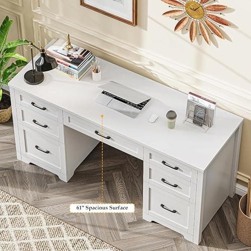 BonVache Executive Desk with 7 Drawers, Cream White | Farmhouse 61'' Rustic Office Desk Computer Table with File Drawers, Wood Workstation for Home Office and Study thumbnail 3