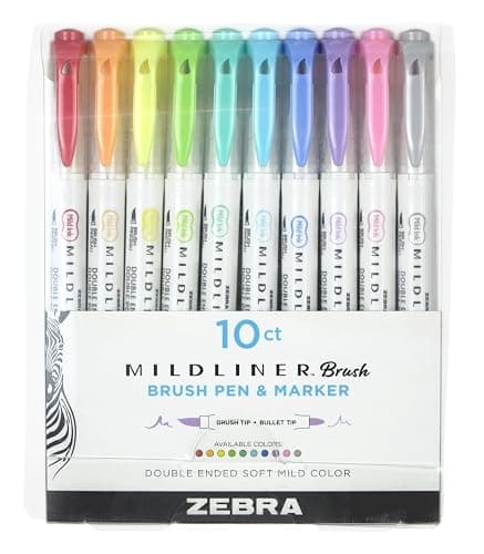 Zebra Pen MILDLINER Dual Tip Brush Pens, Felt Tip Pens For Adults, Bullet Tip & Brush Tip Colouring Pens, Double Ended Mildliner, Soft & Mild Colours, 10pk - Image 1