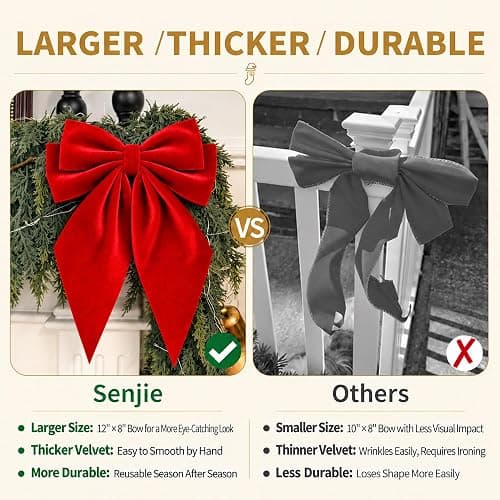 Large Christmas Bows, Velvet Bows for Xmas Tree Topper Garland Wreath Decor | 12" x 8" Red Christmas Tree Topper Bows Velvet Ribbon Bows Ornaments for Gift Wrapping Staircase Mantel Door DIY 6PCS thumbnail 4