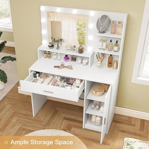 Quimoo Makeup Vanity Desk with Mirror & Lights, Vanity Desk with 5 Drawers & Storage Shelves, Vanity Table, 3 Color Modes & Adjustable Brightness Dressing Table, Bedroom, White thumbnail 7