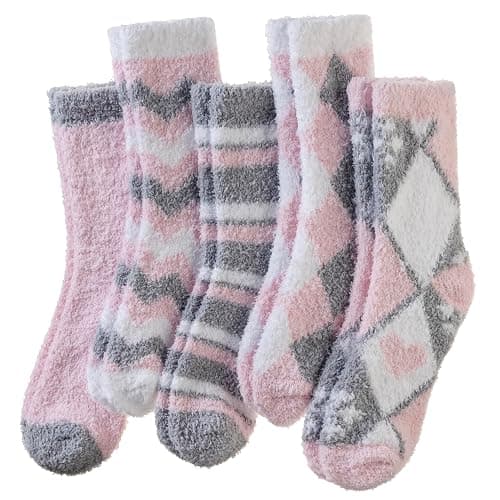 Womens Fuzzy Socks Fluffy Cozy Heart Comfy Winter Thick Warm Pink Plush Fleece Sleep Slipper Socks 5 Pairs - Image 1